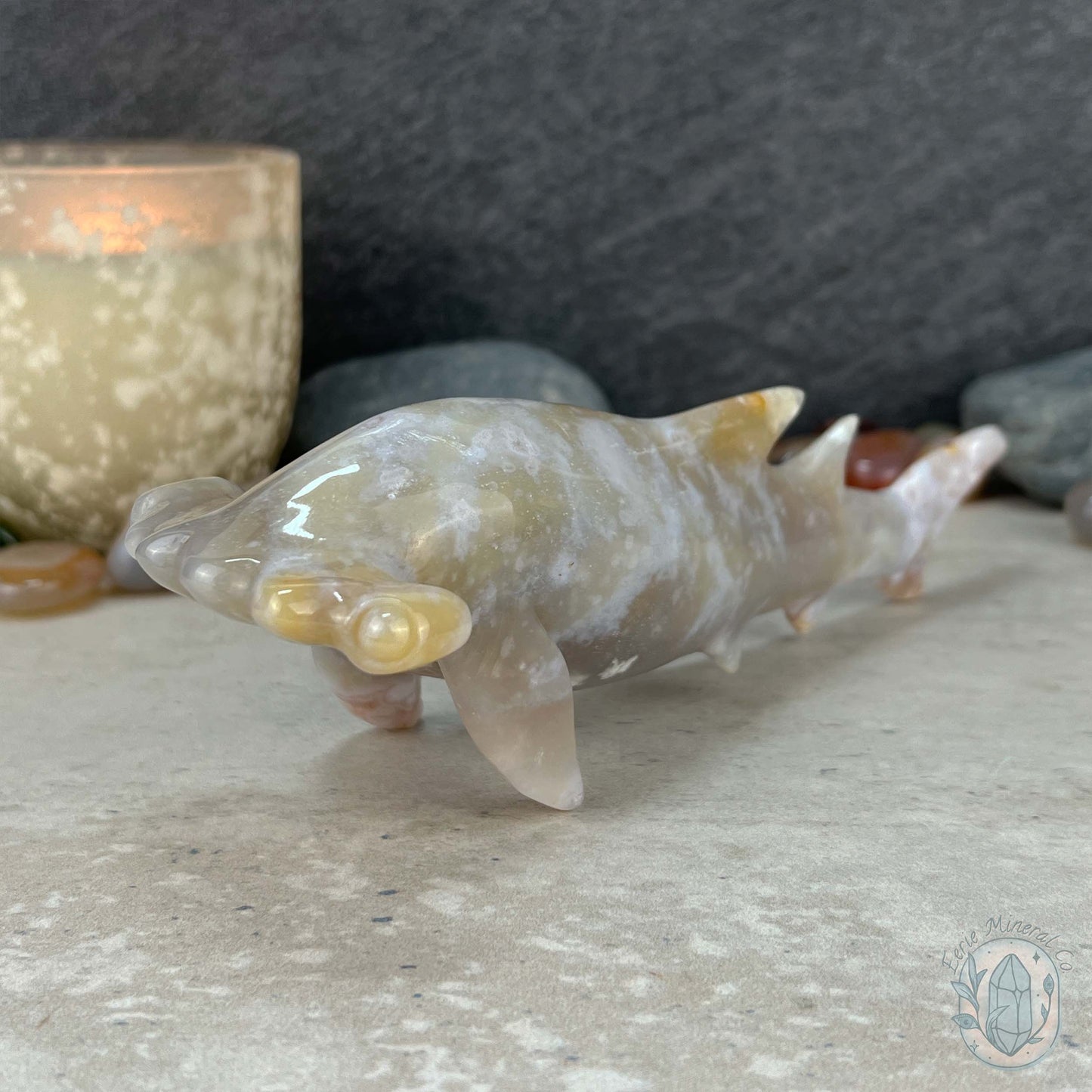 Sandy Colored Flower Agate Hammerhead Shark Carving