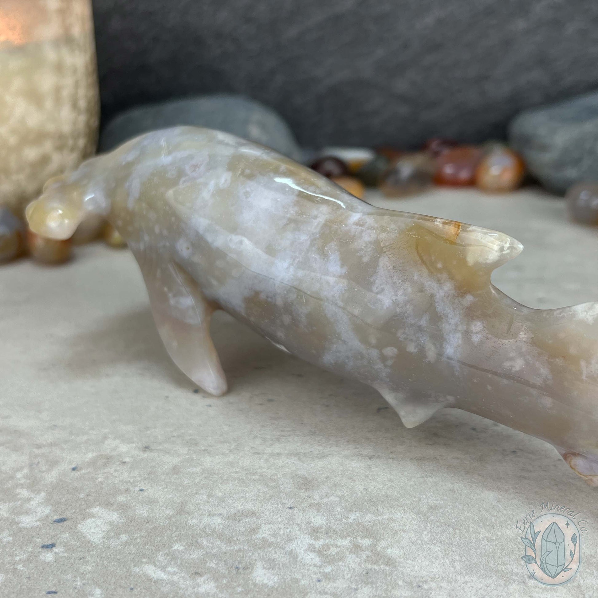 Sandy Colored Flower Agate Hammerhead Shark Carving