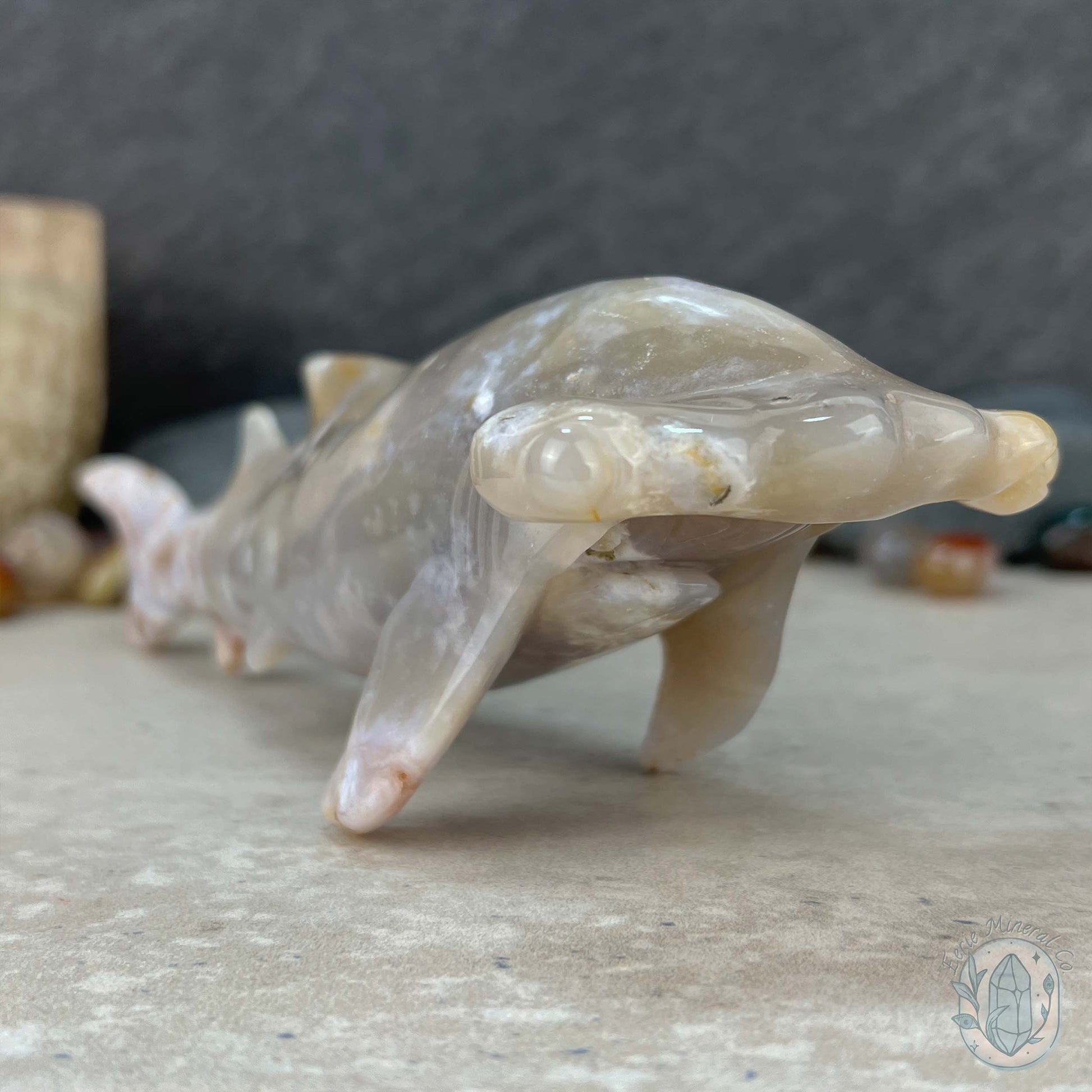 Sandy Colored Flower Agate Hammerhead Shark Carving