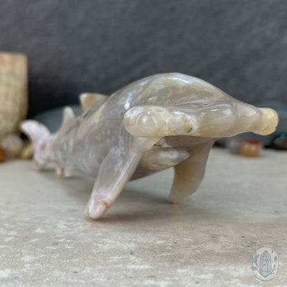 Sandy Colored Flower Agate Hammerhead Shark Carving