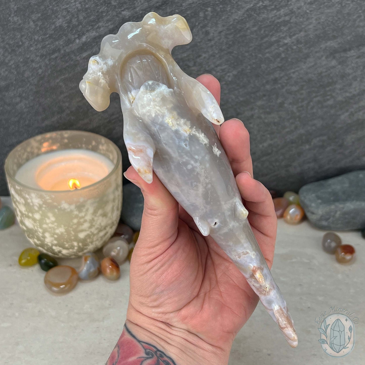 Sandy Colored Flower Agate Hammerhead Shark Carving
