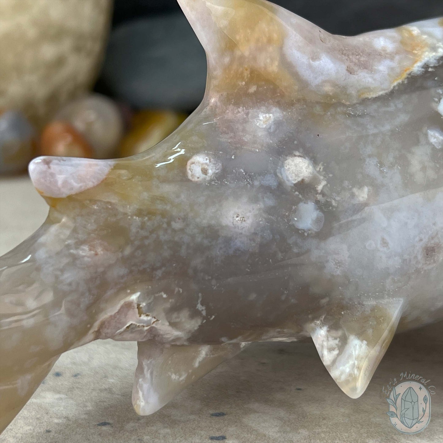 Sandy Colored Flower Agate Hammerhead Shark Carving