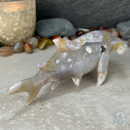 Sandy Colored Flower Agate Hammerhead Shark Carving