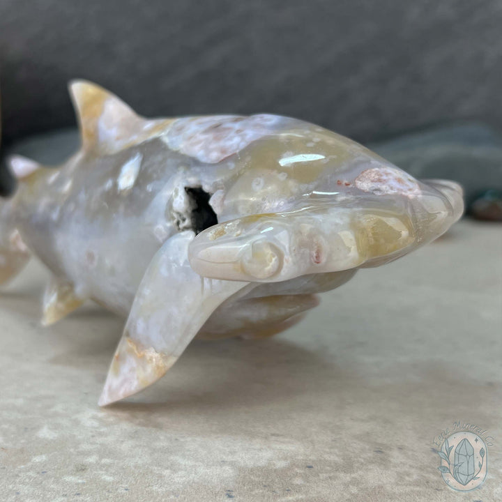 Sandy Colored Flower Agate Hammerhead Shark Carving