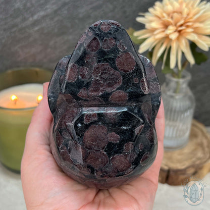 Polished Arfvedsonite and Garnet Firework Skull Carving