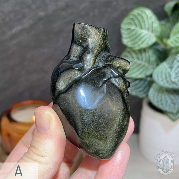 Golden Sheen Obsidian Anatomical Heart Carving