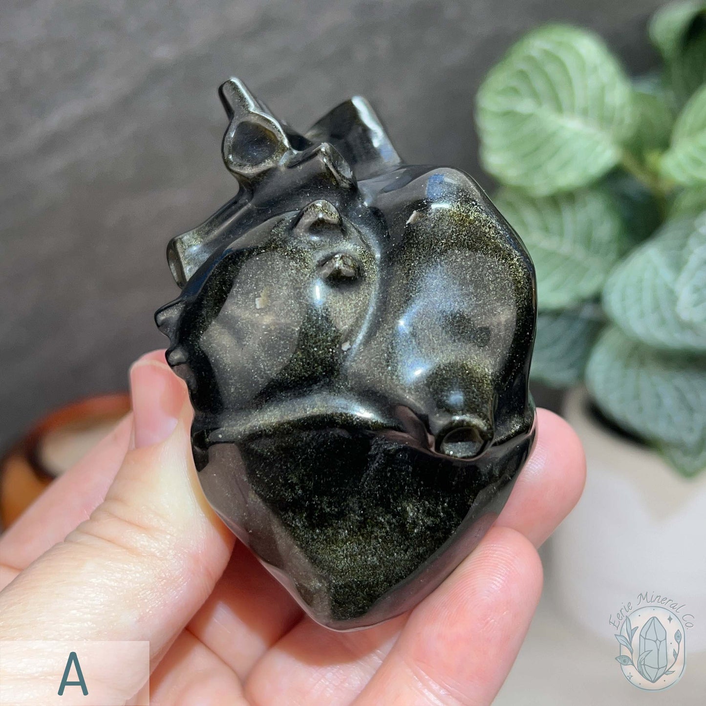Golden Sheen Obsidian Anatomical Heart Carving