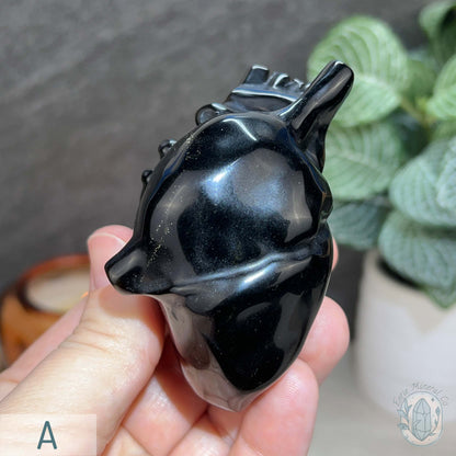 Golden Sheen Obsidian Anatomical Heart Carving