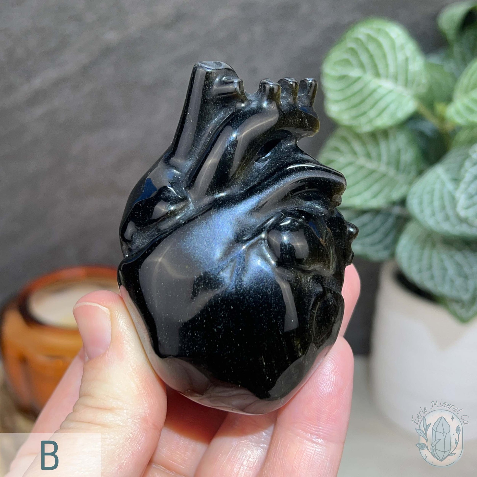 Golden Sheen Obsidian Anatomical Heart Carving