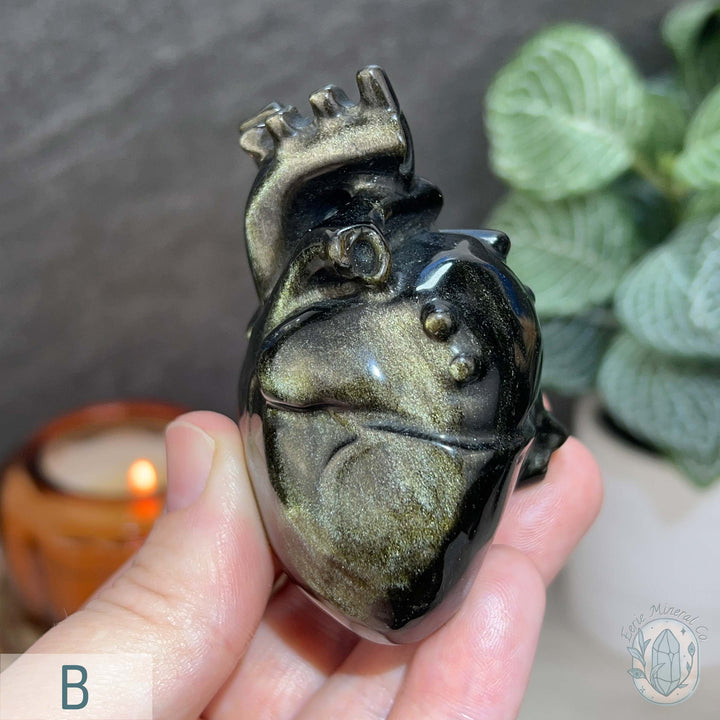 Golden Sheen Obsidian Anatomical Heart Carving