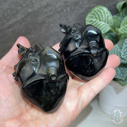 Golden Sheen Obsidian Anatomical Heart Carving