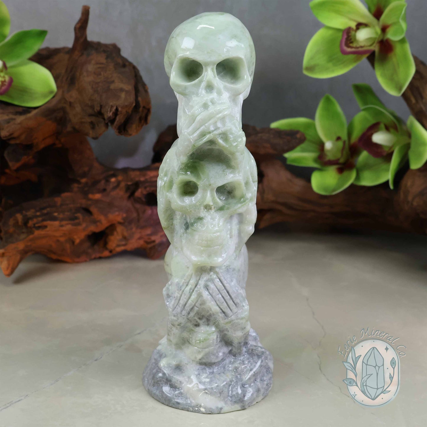 Green Jade See No Evil, Speak No Evil, Hear No Evil Skull Totem