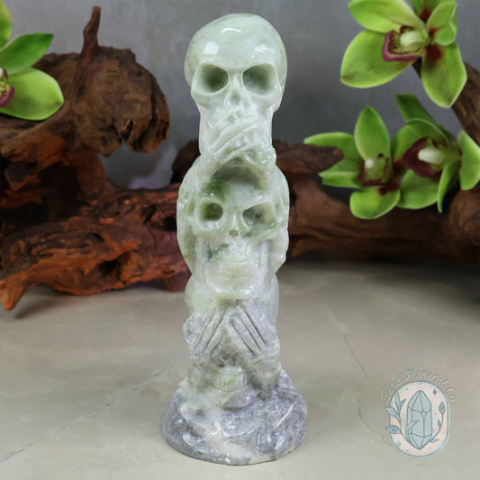 Green Jade See No Evil, Speak No Evil, Hear No Evil Skull Totem