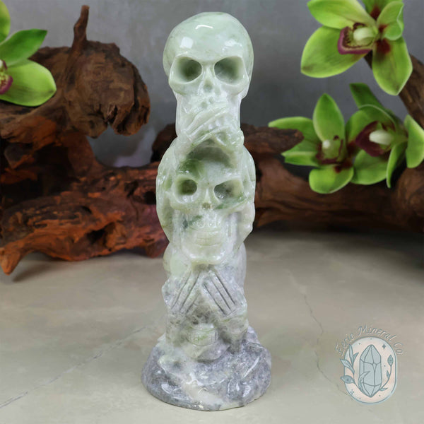 Green Jade See No Evil, Speak No Evil, Hear No Evil Skull Totem