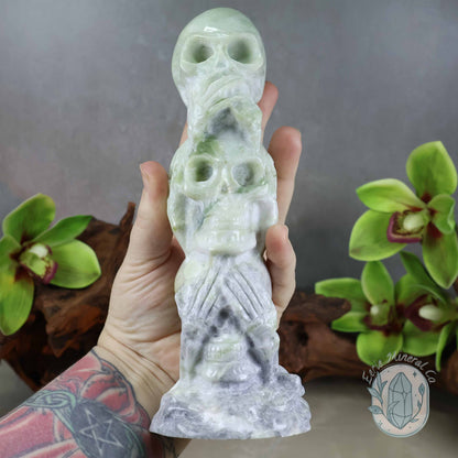 Green Jade See No Evil, Speak No Evil, Hear No Evil Skull Totem