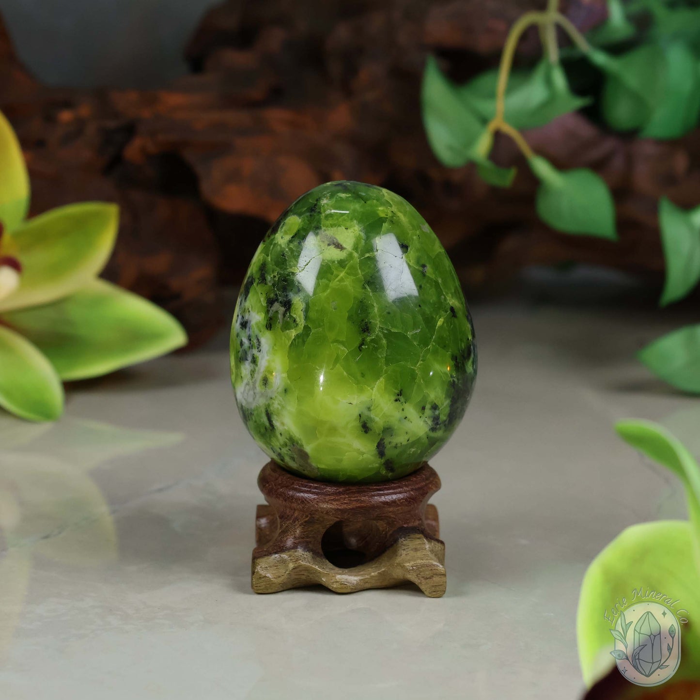 Green Opal Egg Carving with Free Hand-Carved Stand