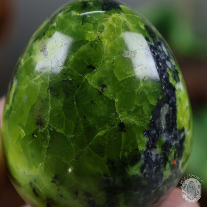 Green Opal Egg Carving with Free Hand-Carved Stand