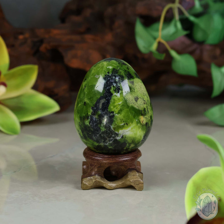 Green Opal Egg Carving with Free Hand-Carved Stand