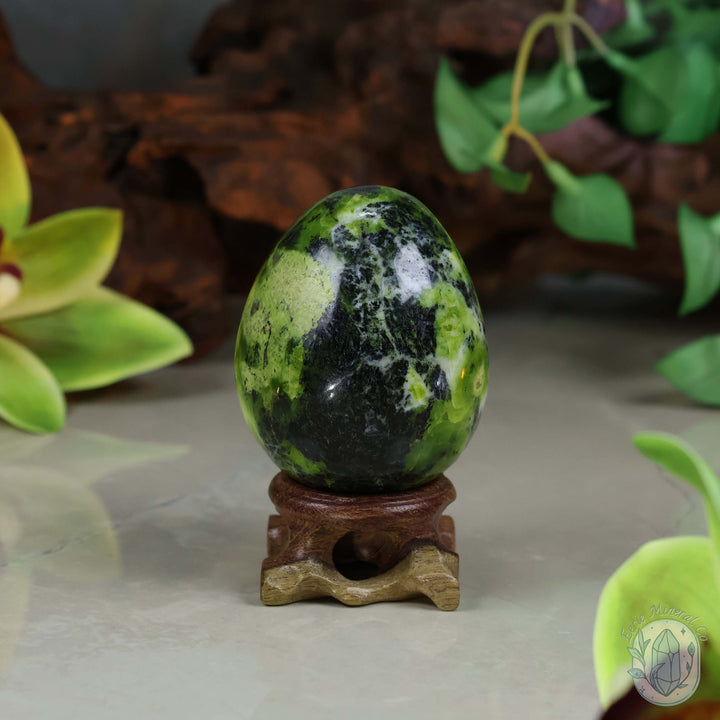 Green Opal Egg Carving with Free Hand-Carved Stand