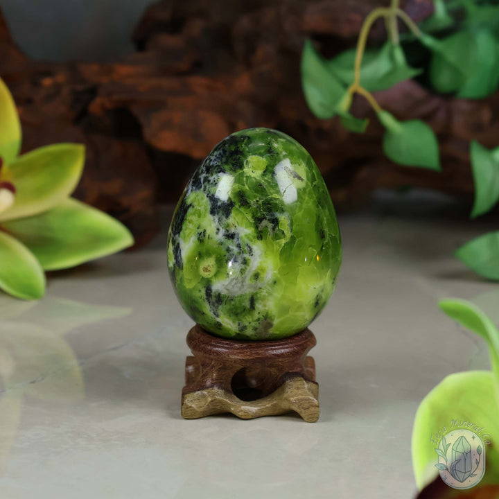 Green Opal Egg Carving with Free Hand-Carved Stand