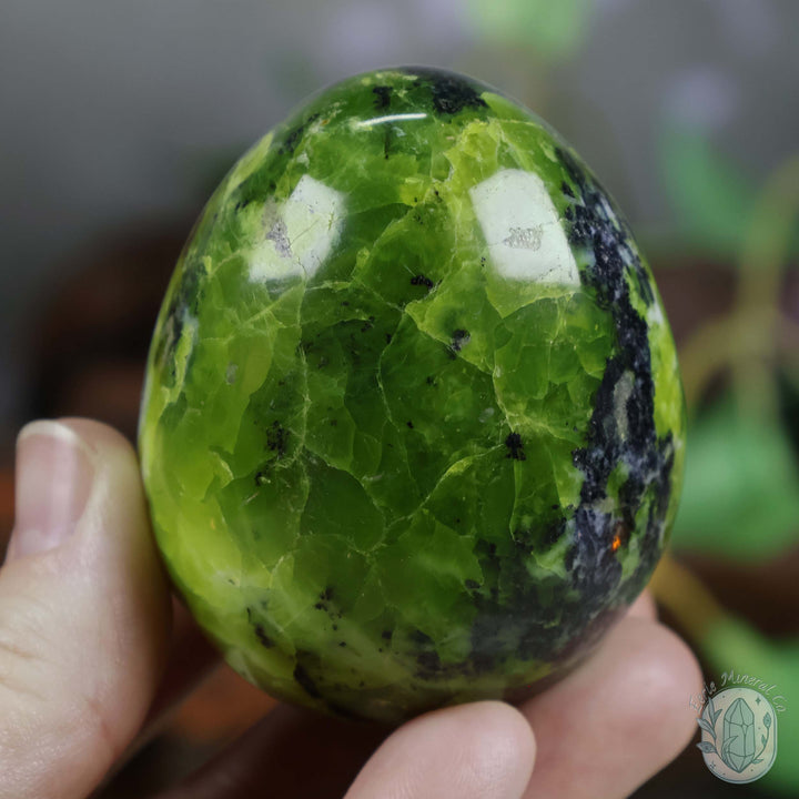 Green Opal Egg Carving with Free Hand-Carved Stand