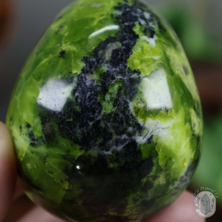 Green Opal Egg Carving with Free Hand-Carved Stand