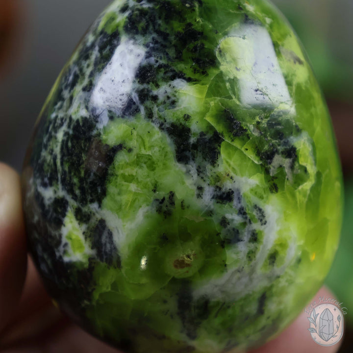 Green Opal Egg Carving with Free Hand-Carved Stand