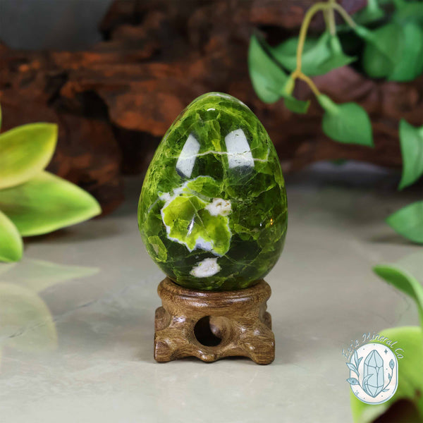 Green Opal Egg Carving with Free Hand-Carved Stand