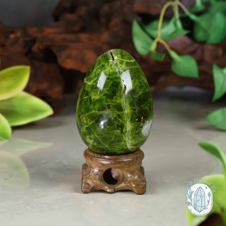 Green Opal Egg Carving with Free Hand-Carved Stand