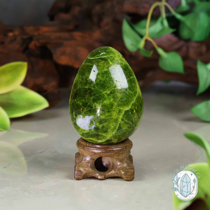 Green Opal Egg Carving with Free Hand-Carved Stand