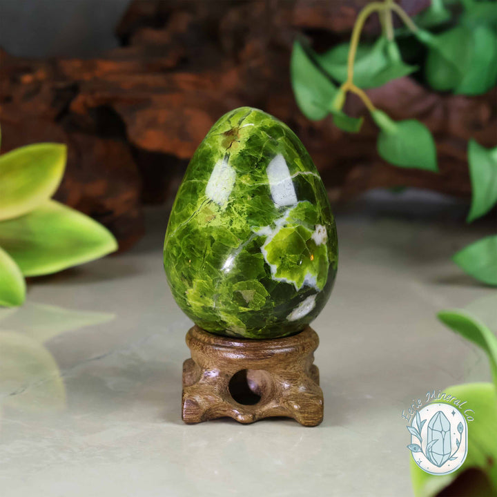 Green Opal Egg Carving with Free Hand-Carved Stand