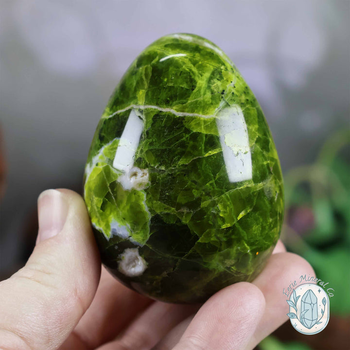 Green Opal Egg Carving with Free Hand-Carved Stand