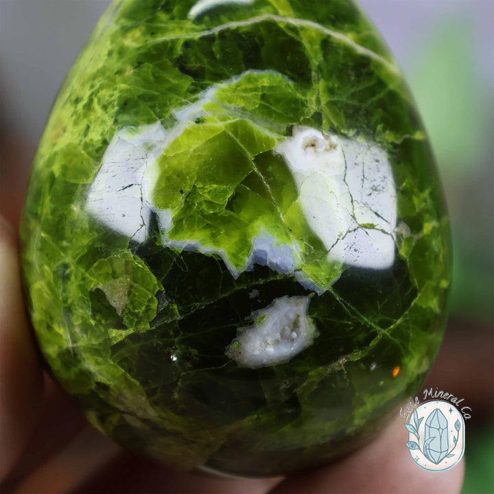 Green Opal Egg Carving with Free Hand-Carved Stand