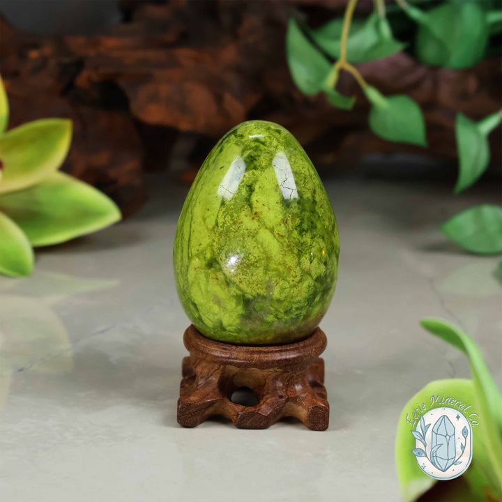 Green Opal Egg Carving with Free Hand-Carved Stand