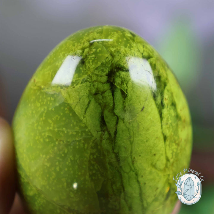 Green Opal Egg Carving with Free Hand-Carved Stand