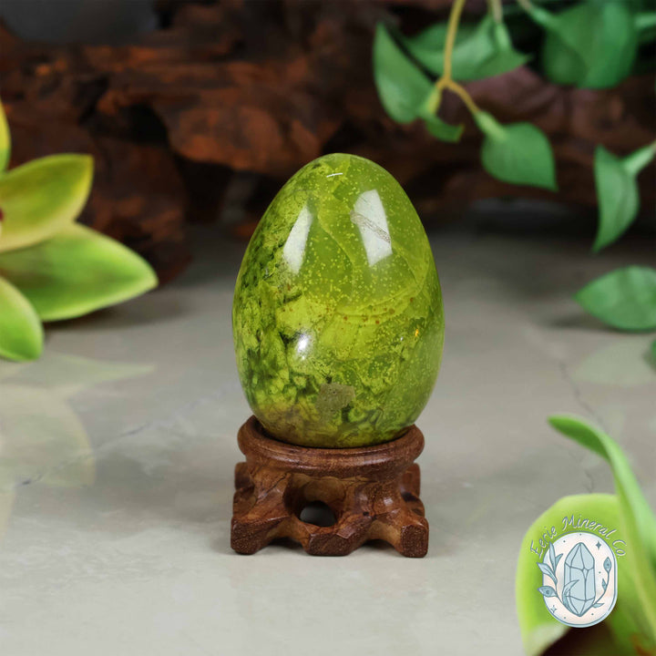 Green Opal Egg Carving with Free Hand-Carved Stand