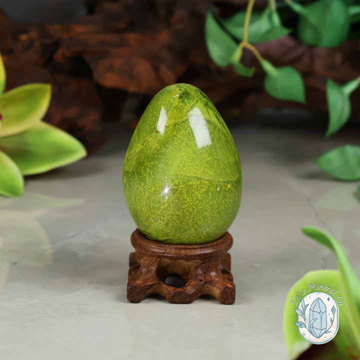 Green Opal Egg Carving with Free Hand-Carved Stand