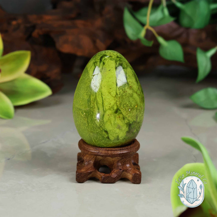 Green Opal Egg Carving with Free Hand-Carved Stand