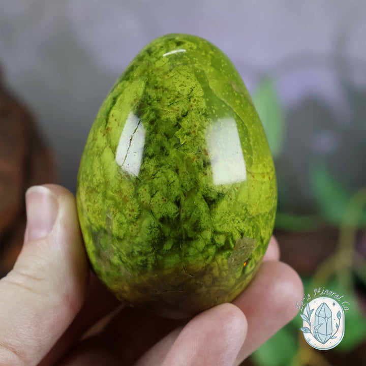 Green Opal Egg Carving with Free Hand-Carved Stand