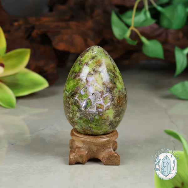 Green Opal Egg Carving with Free Hand-Carved Stand