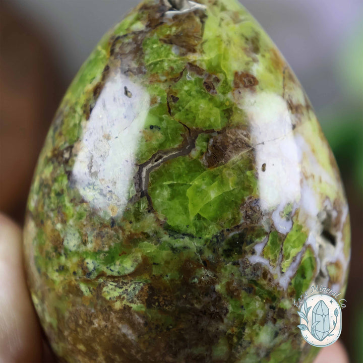 Green Opal Egg Carving with Free Hand-Carved Stand