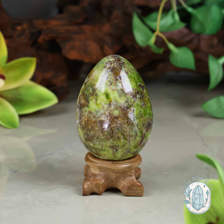 Green Opal Egg Carving with Free Hand-Carved Stand