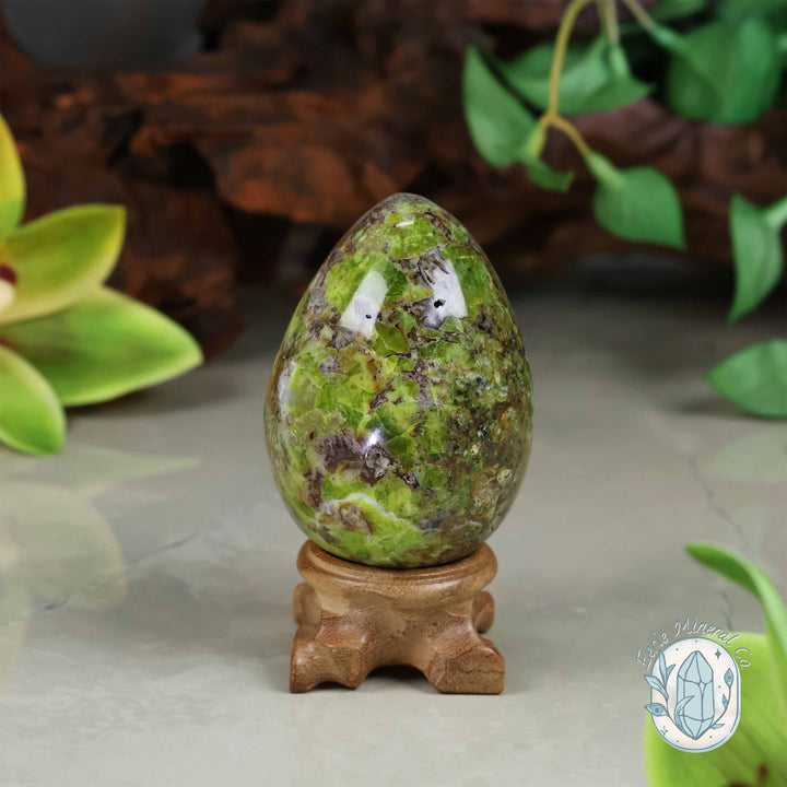 Green Opal Egg Carving with Free Hand-Carved Stand