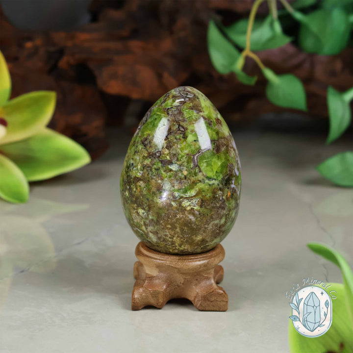 Green Opal Egg Carving with Free Hand-Carved Stand