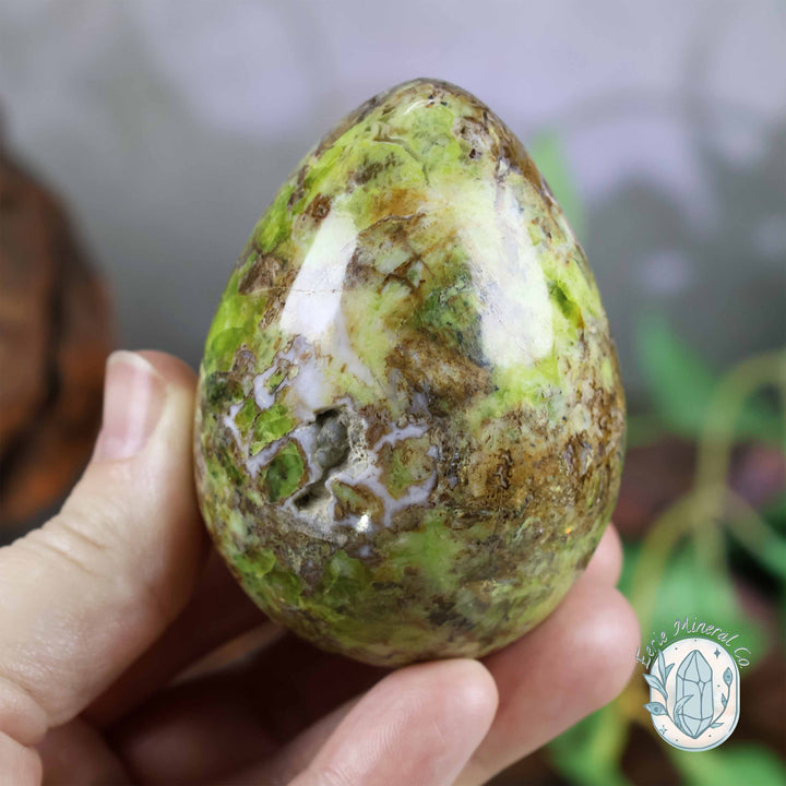 Green Opal Egg Carving with Free Hand-Carved Stand