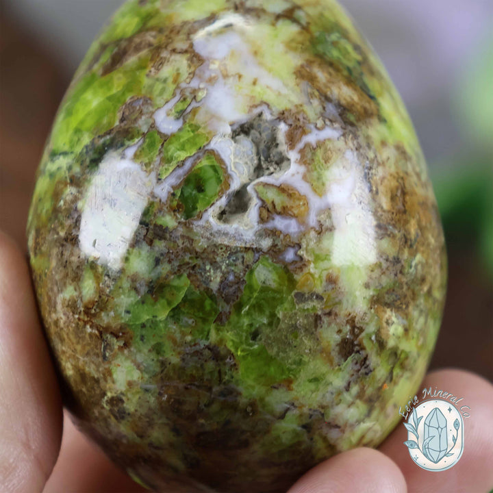 Green Opal Egg Carving with Free Hand-Carved Stand