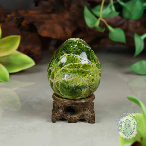 Green Opal Egg Carving with Free Hand-Carved Stand