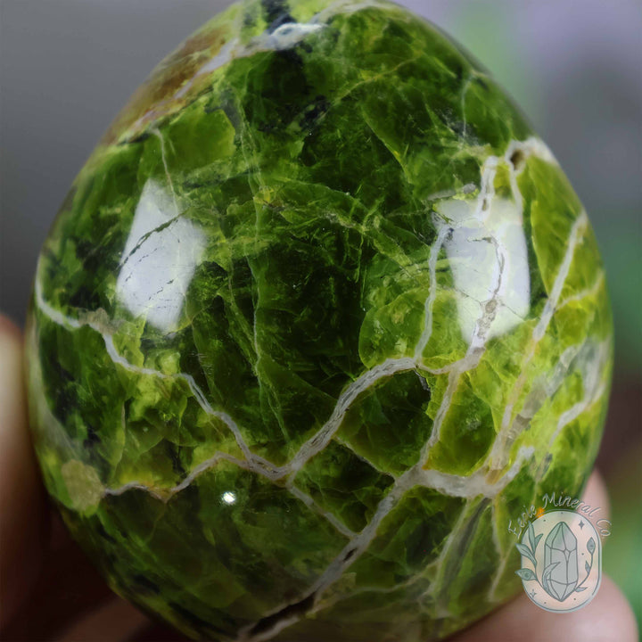 Green Opal Egg Carving with Free Hand-Carved Stand