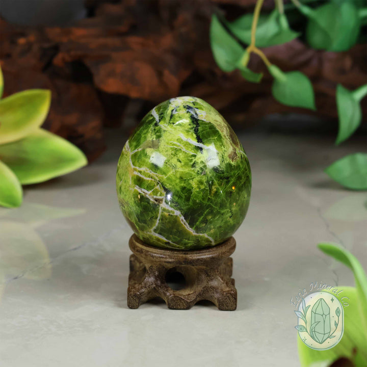 Green Opal Egg Carving with Free Hand-Carved Stand