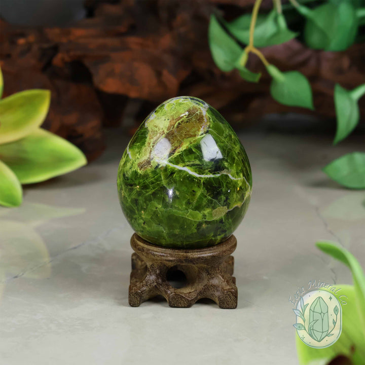 Green Opal Egg Carving with Free Hand-Carved Stand